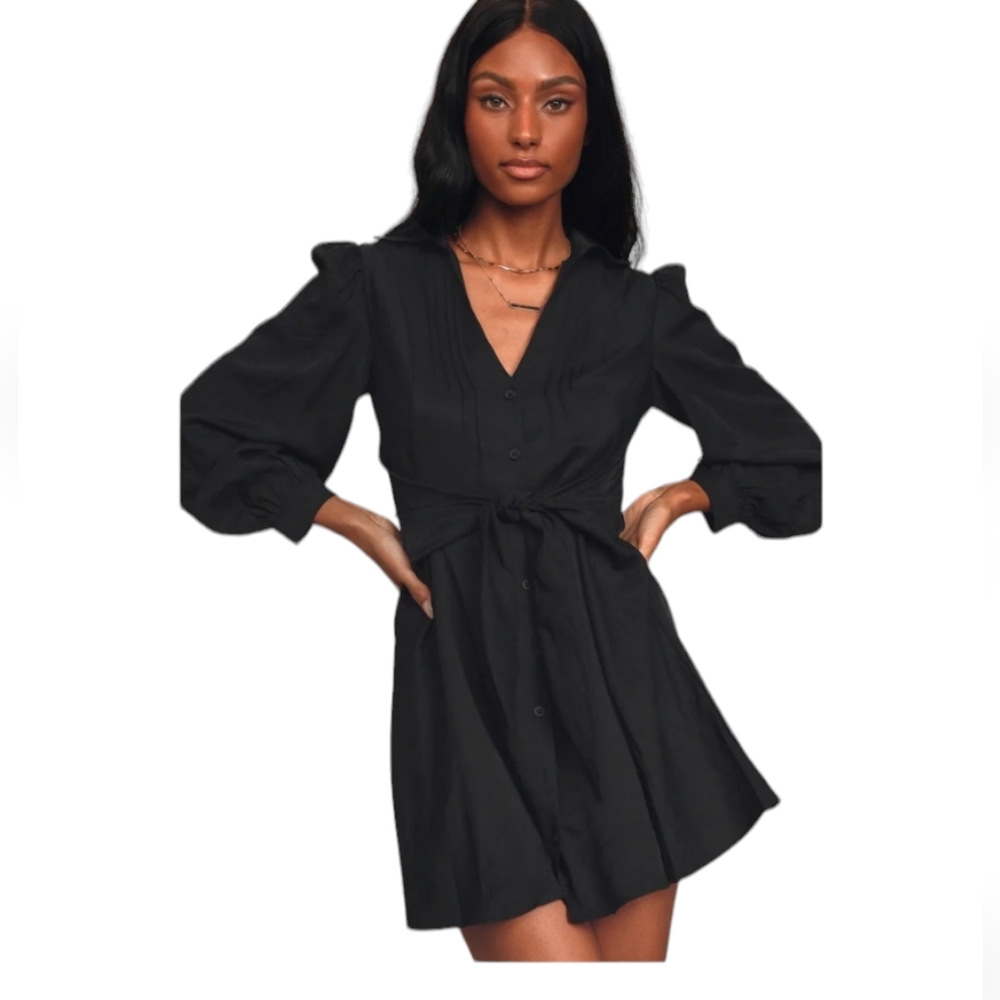 Lulu's Black Button-Up Tie-Front Shirt Dress Size XS